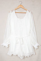 Pleated Deep V-Neck Button Front Tie Waist Lantern Sleeve Mini Dress