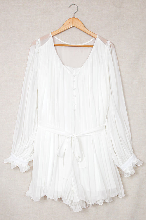 Pleated Deep V-Neck Button Front Tie Waist Lantern Sleeve Mini Dress
