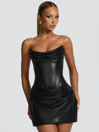 PU Pleated Fishbone Strapless A-line Bustier Mini&Short Dresses