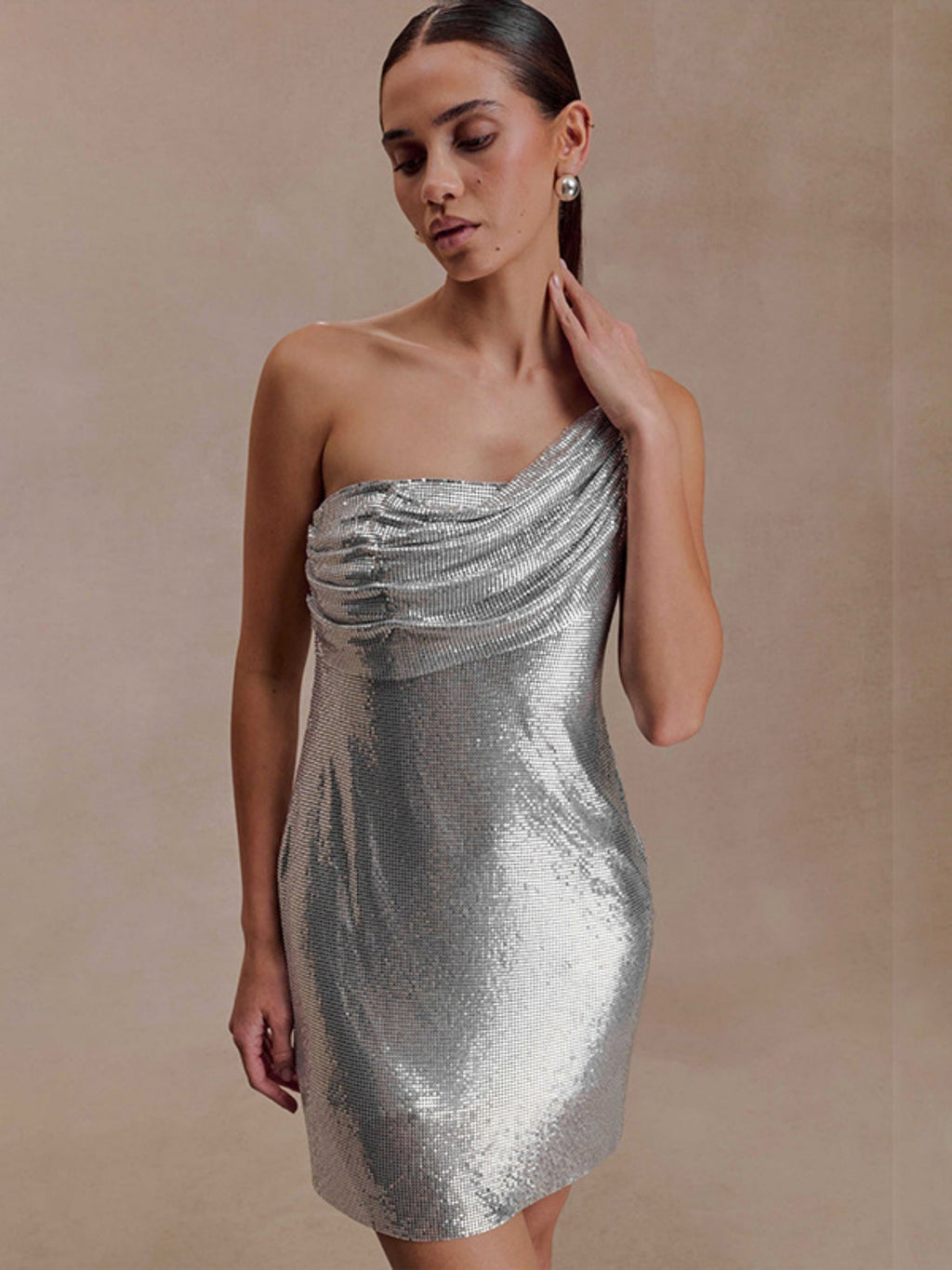 Gathering Glossy Asymmetrical Neckline, One Shoulder Sleeveless Mini&Short Dresses