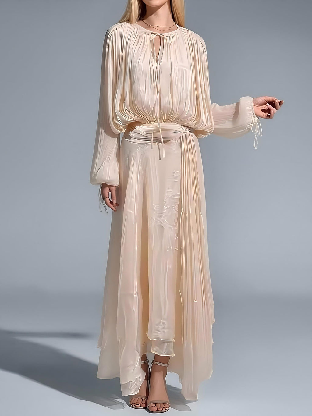 A-line Maxi Dress With Puff Sleeves And Ruched Design