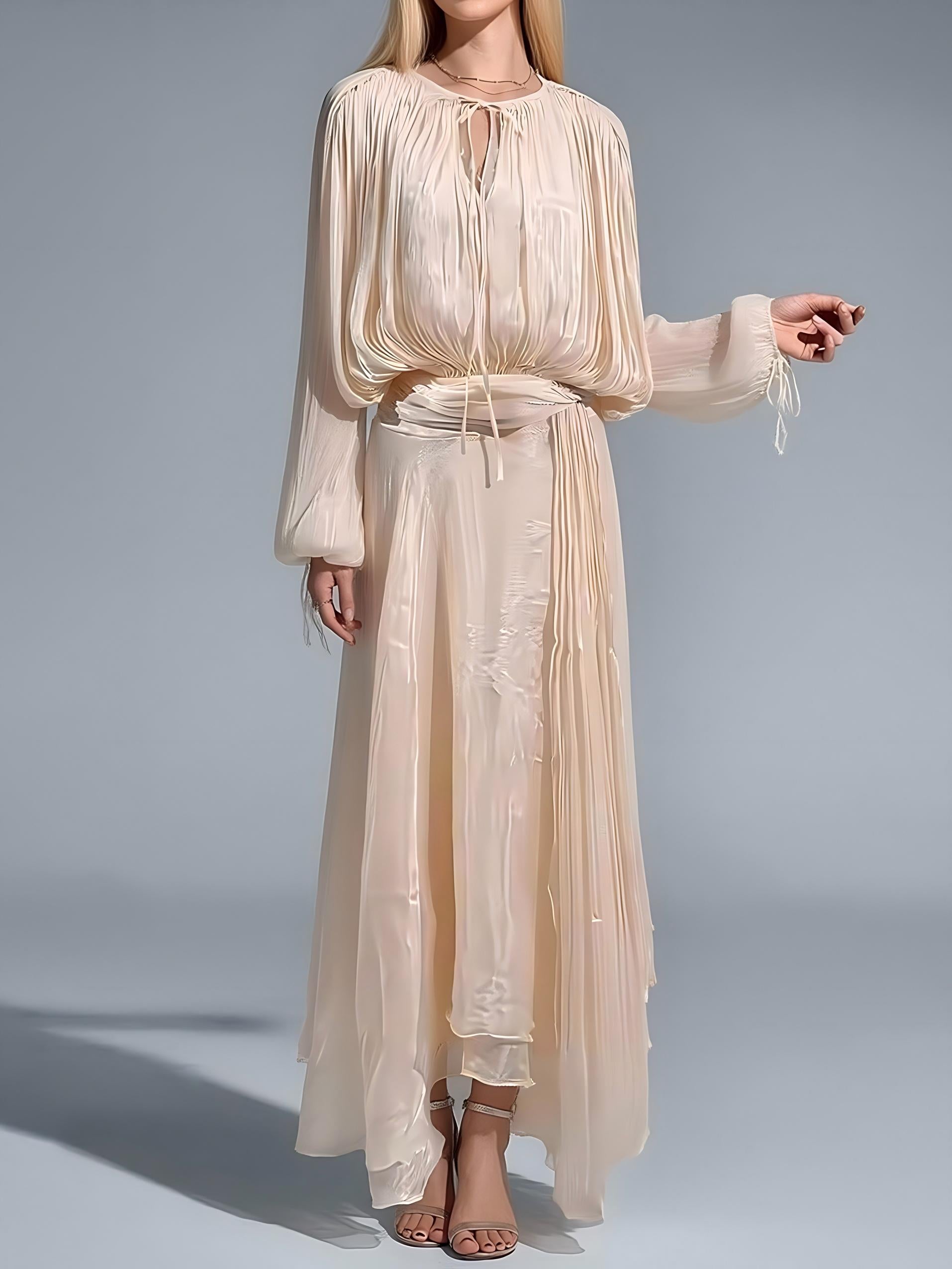 A-line Maxi Dress With Puff Sleeves And Ruched Design