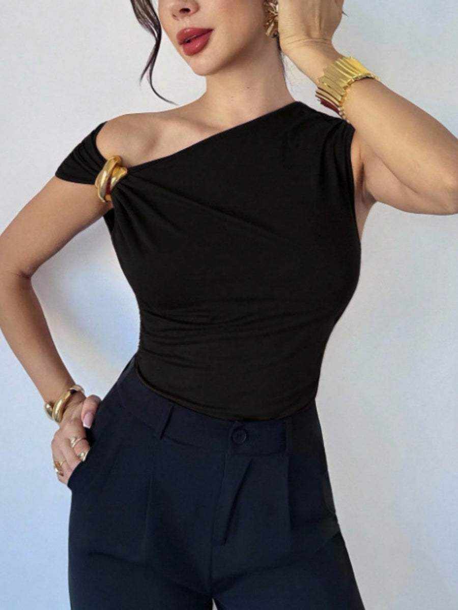 Asymmetrical Off-shoulder Slim-fit Sleeveless T-shirt With Metallic Embellishments