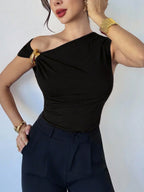 Asymmetrical Off-shoulder Slim-fit Sleeveless T-shirt With Metallic Embellishments