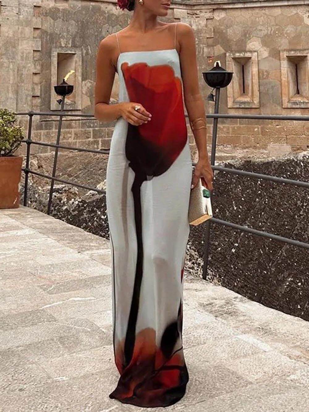 Vacation Abstract Tulip Print Slip H - Line Maxi Dress
