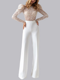 Crew Neck Lace Long Sleeves And Trousers Backless Jumpsuits