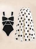 Black And White Color-blocked One-piece Swimsuit With Polka Dot Sun Protection Maxi Dress Two-piece Set