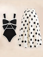 Black And White Color-blocked One-piece Swimsuit With Polka Dot Sun Protection Maxi Dress Two-piece Set