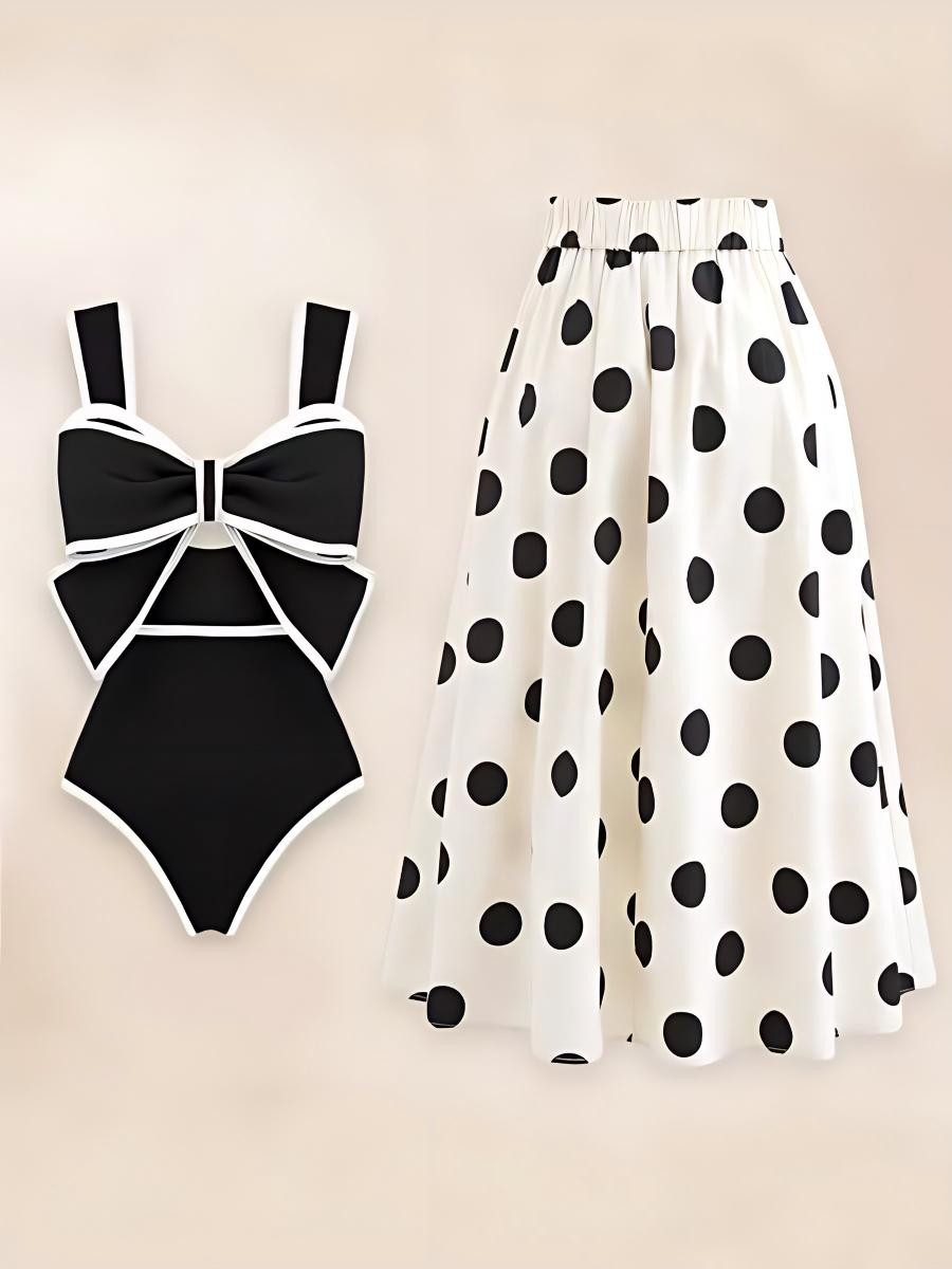 Black And White Color-blocked One-piece Swimsuit With Polka Dot Sun Protection Maxi Dress Two-piece Set