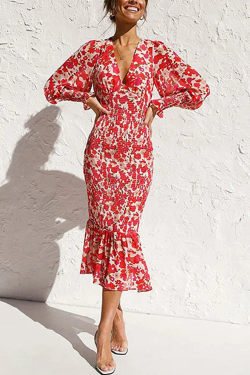 Floral Print Deep V-Neck Puff Sleeve Smocked Ruffle Hem Midi Dress