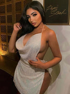 Backless, Fitted Waist, Halter Neck, Sequined Solid Color Mini&Short Dresses