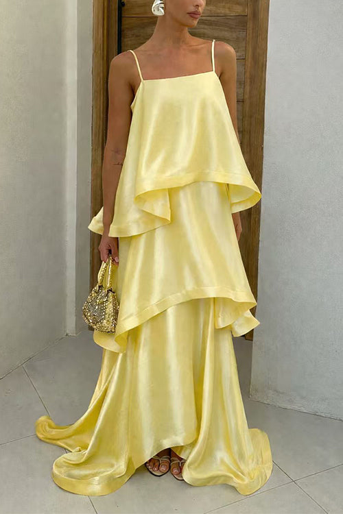 Adjustable Strap Ruffle Layered Satin Maxi Dress