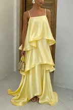 Adjustable Strap Ruffle Layered Satin Maxi Dress