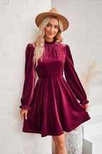Velvet Ruffled Mock Neck Bishop Sleeve Elastic Waist A Line Mini Dress