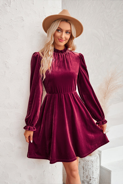 Velvet Ruffled Mock Neck Bishop Sleeve Elastic Waist A Line Mini Dress
