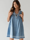 Denim Embroidery Openwork Tie V-neck Sleeveless Mini&Short Dresses