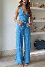 Striped Button Down Tie Knot Backless Top and Wide Leg Pants Set