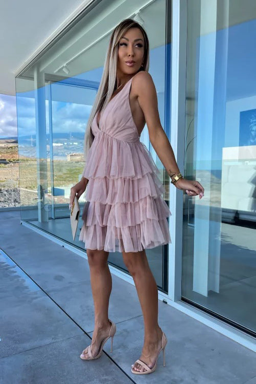 Deep V-Neck Tiered Tulle Ruffle Mini Dress