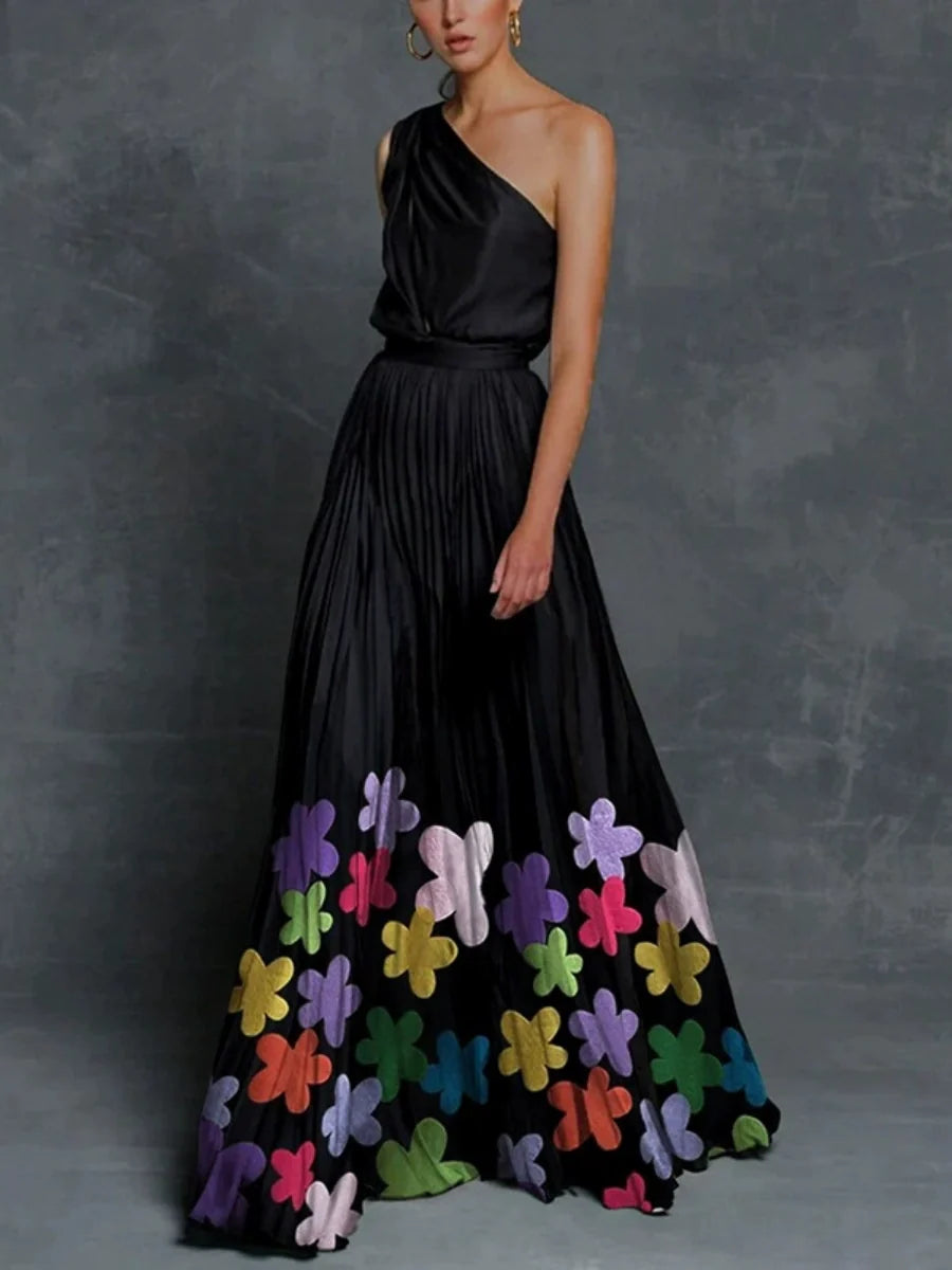 Printed Loose-fit One-shoulder Long Dress