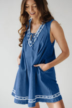Embroidered V-Neck Tie Drawstring Lace Trim Pocket Chambray Mini Dress
