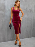 Square Neck, Slit, Bodycon Halter Top Velvet Midi Dress
