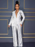 Long Sleeve V-neck Sequined Jumpsuit Two-piece Set