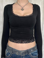 Lace Trim U-neck Long Sleeve Slimming Crop Top
