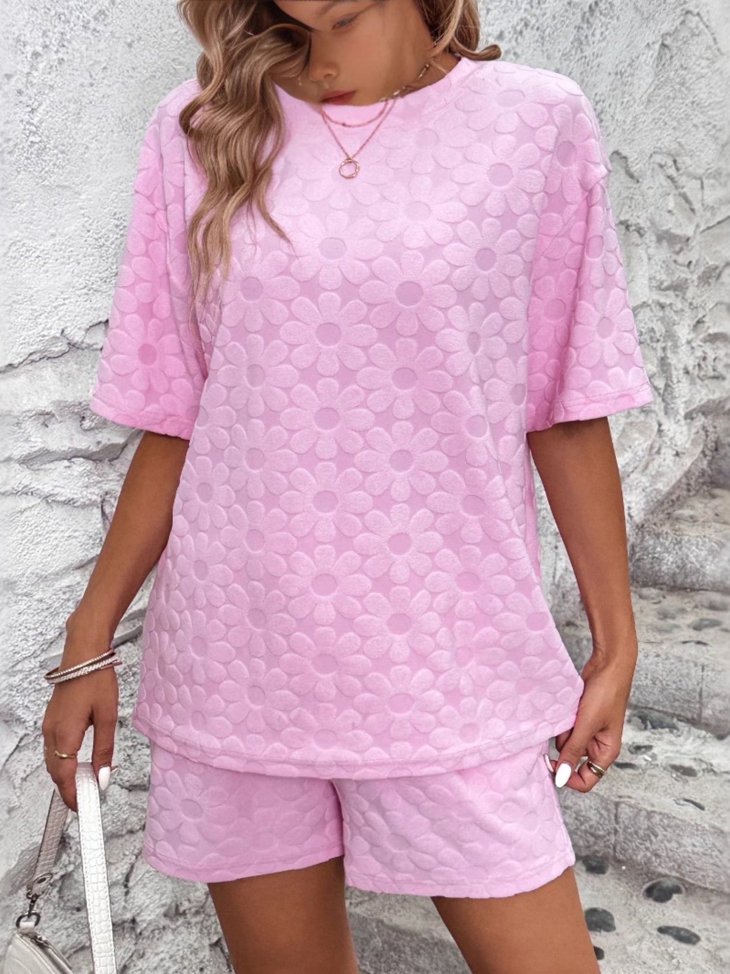Sunflower Jacquard Short-sleeved T-shirt Strappy Shorts 2-piece Sets