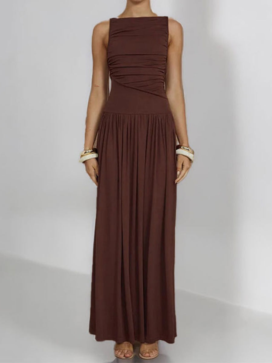 Slim-fit Pleated Solid Color Long Dress