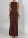 Slim-fit Pleated Solid Color Long Dress