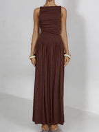 Slim-fit Pleated Solid Color Long Dress