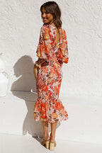 Floral Print Deep V-Neck Puff Sleeve Smocked Ruffle Hem Midi Dress
