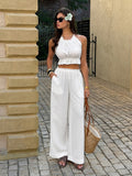 White Halter-neck Backless Top And Trousers Two-piece Set