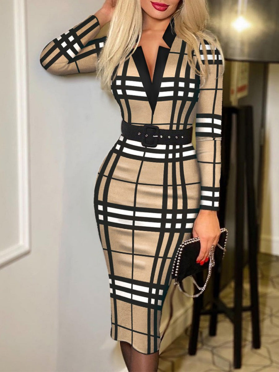 V-neck Hip-hugging Belts Plaid Midi Dresses