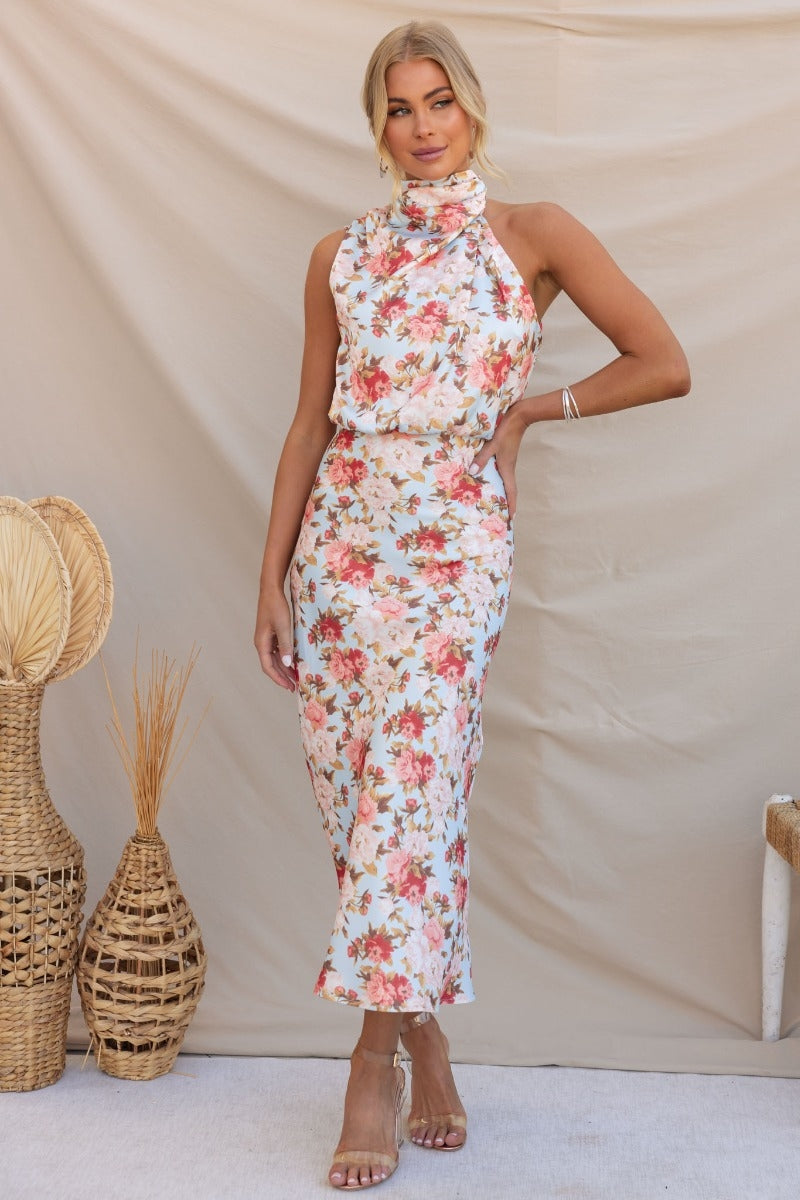 Satin Floral Print Halter Neck Cowl Neck Two Piece Set