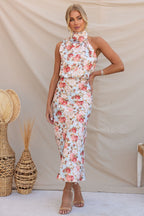 Satin Floral Print Halter Neck Cowl Neck Two Piece Set