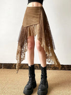 Lace Patchwork Irregular Hem Short Skirt