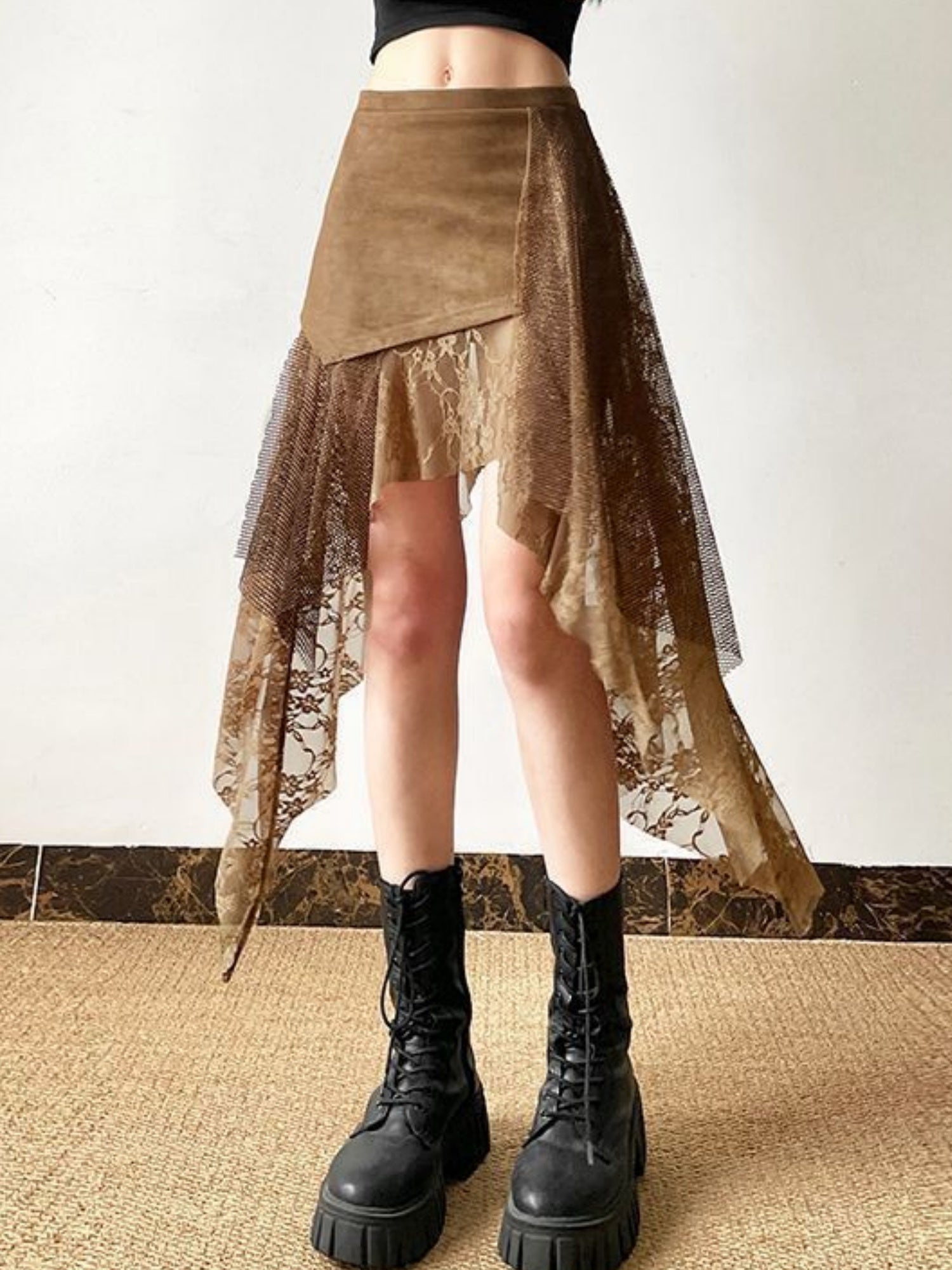 Lace Patchwork Irregular Hem Short Skirt