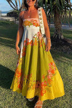 Spaghetti Strap Square Neck Illustrative Print Empire Waist Midi Dress