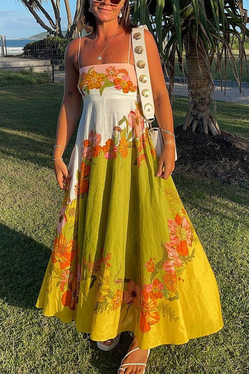 Spaghetti Strap Square Neck Illustrative Print Empire Waist Midi Dress
