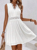 Lace Trim Openwork Jacquard V-neck, Fitted Waist Sleeveless Mini&Short Dresses