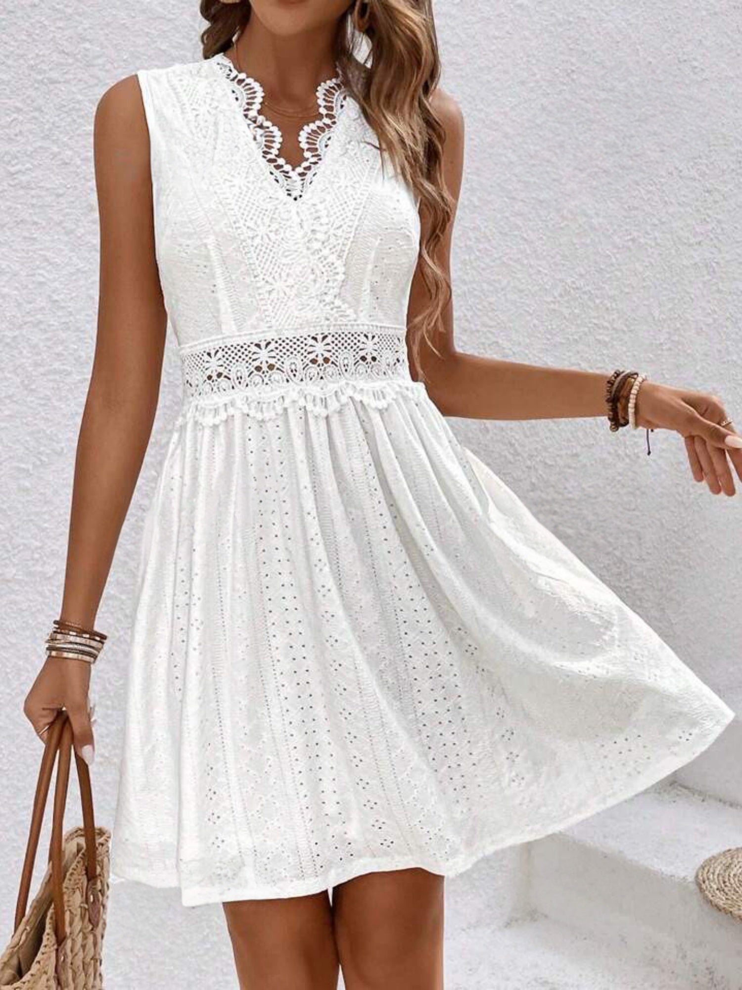 Lace Trim Openwork Jacquard V-neck, Fitted Waist Sleeveless Mini&Short Dresses