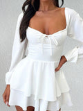 Temperament Grace Ruffle Long Sleeve Backless Lace Up Mini&Short Dresses