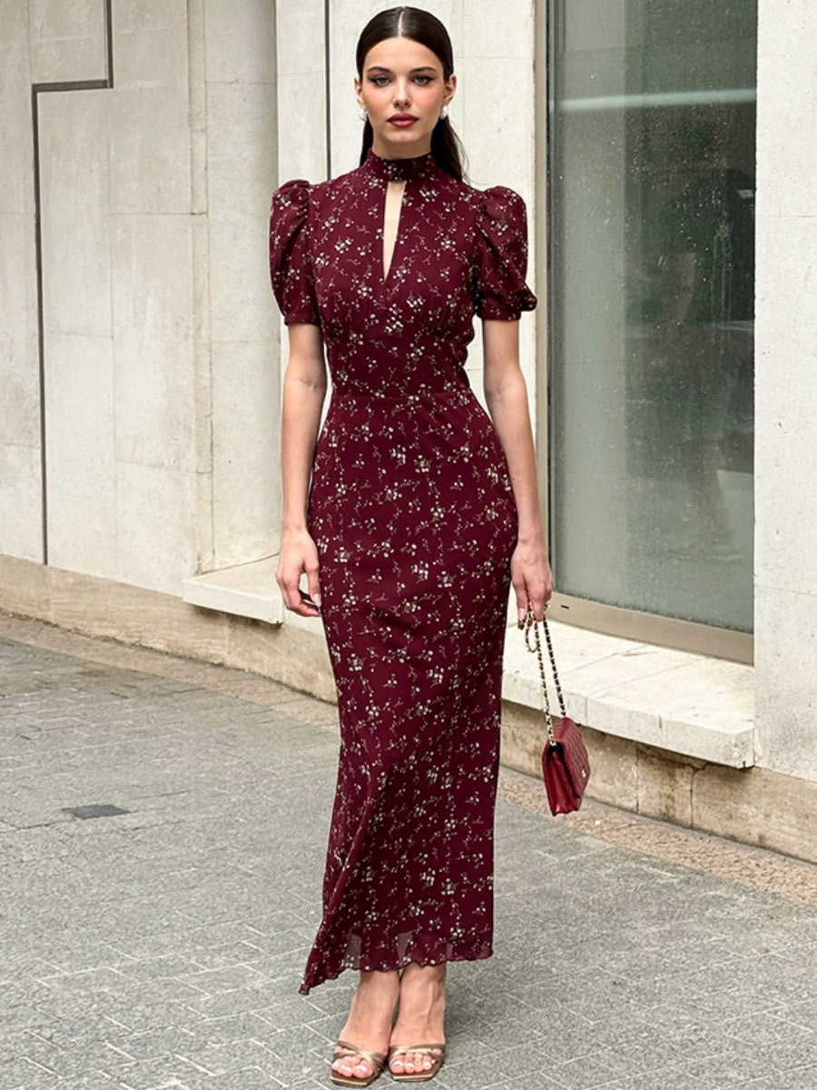V-neck Temperament Floral Puff Sleeve Maxi Dresses