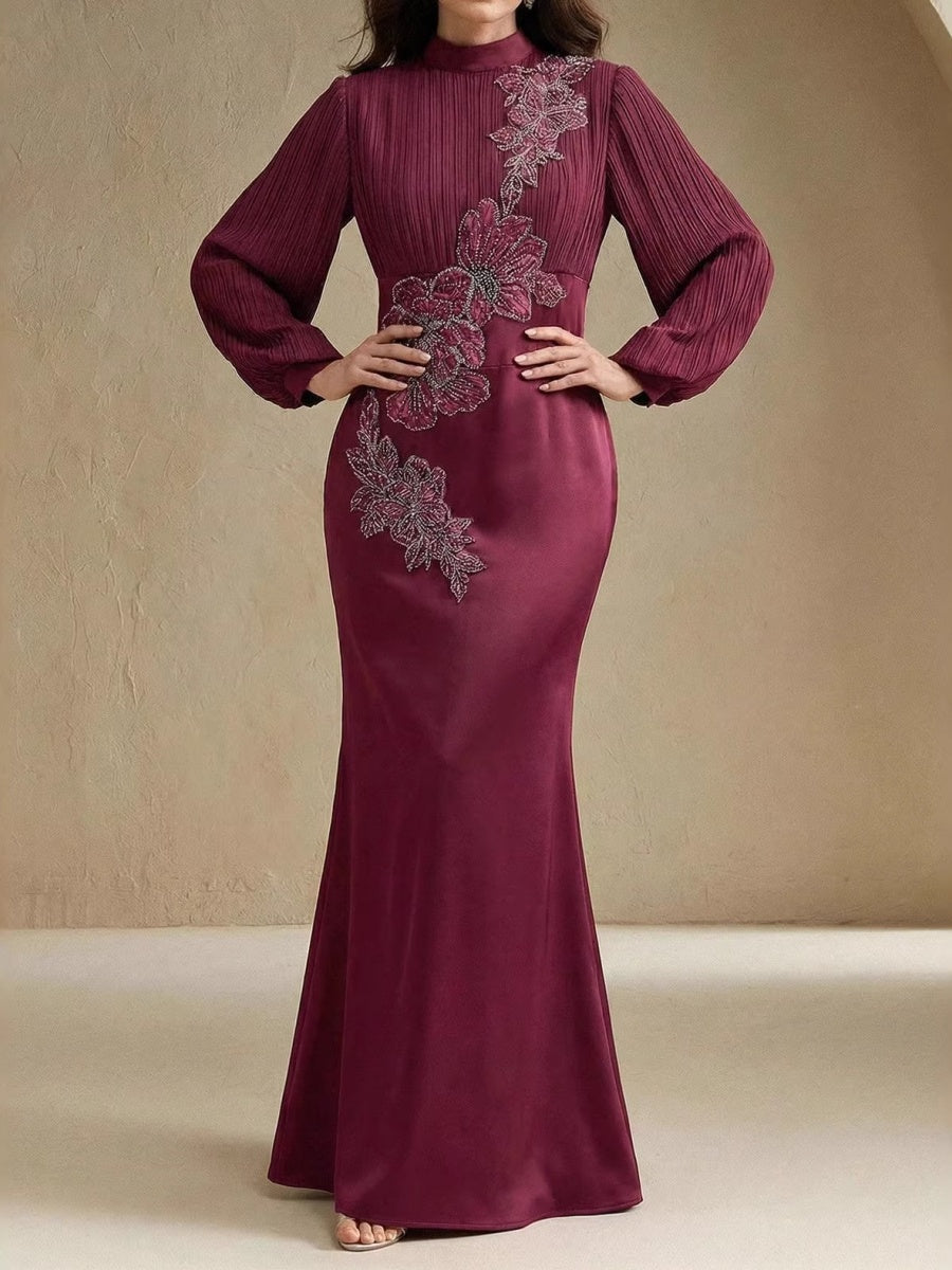 Crew Neck Long Sleeve Crimp Applique Maxi Dresses