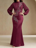 Crew Neck Long Sleeve Crimp Applique Maxi Dresses