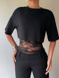 Layered-look Lace Splicing Slim-fit Hollow Sexy Short Sleeve T-shirts
