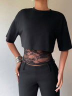 Layered-look Lace Splicing Slim-fit Hollow Sexy Short Sleeve T-shirts