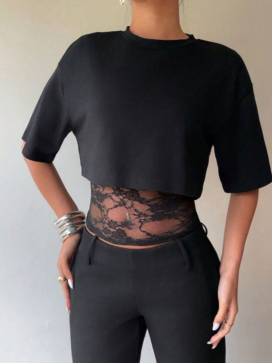 Layered-look Lace Splicing Slim-fit Hollow Sexy Short Sleeve T-shirts