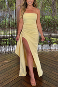 Strapless Tube Draped Slit Maxi Party Dress
